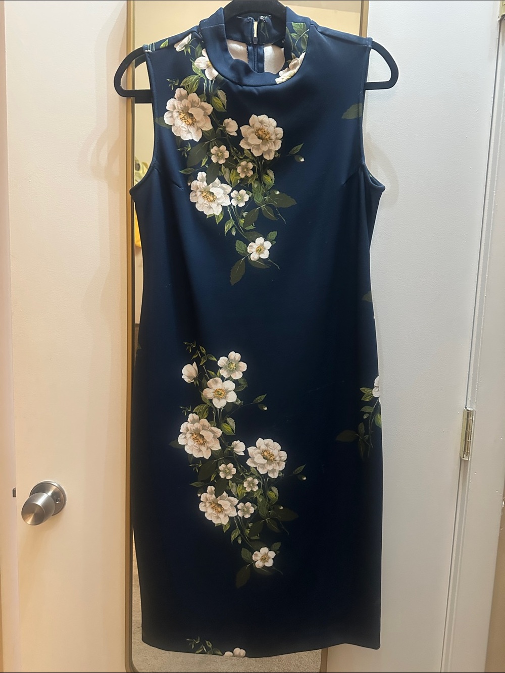 Sleeveless Navy Floral Sheath Dress